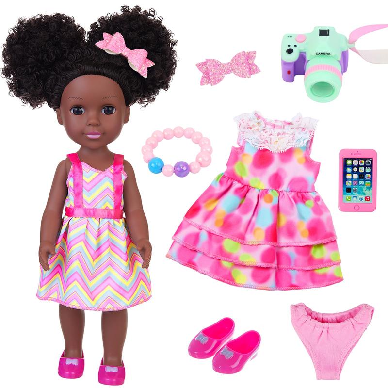 14.5 Inch Black African Baby Doll with Pink Dot Skirt and Accessories Set Silicone Black Doll Realistic Black Girl Doll