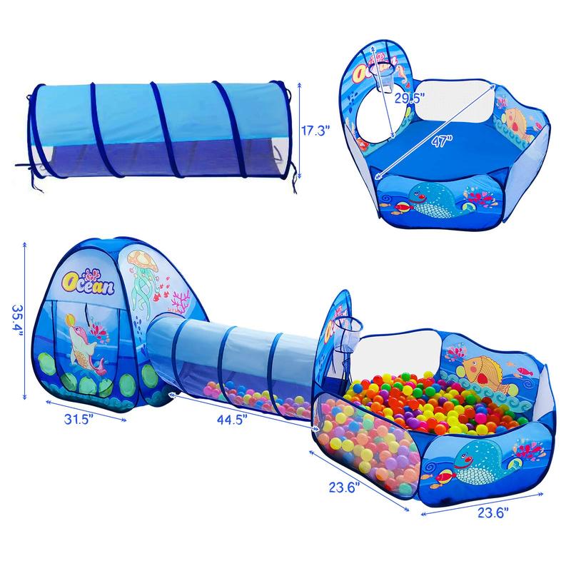 3 in 1 Kids Play Tent with Tunnel, Ball Pit, Basketball Hoop for Boys & Girls, Toddler Pop Up Playhouse Toy Baby Indoor Outdoor, Gift Year Old Child (3 Tent)