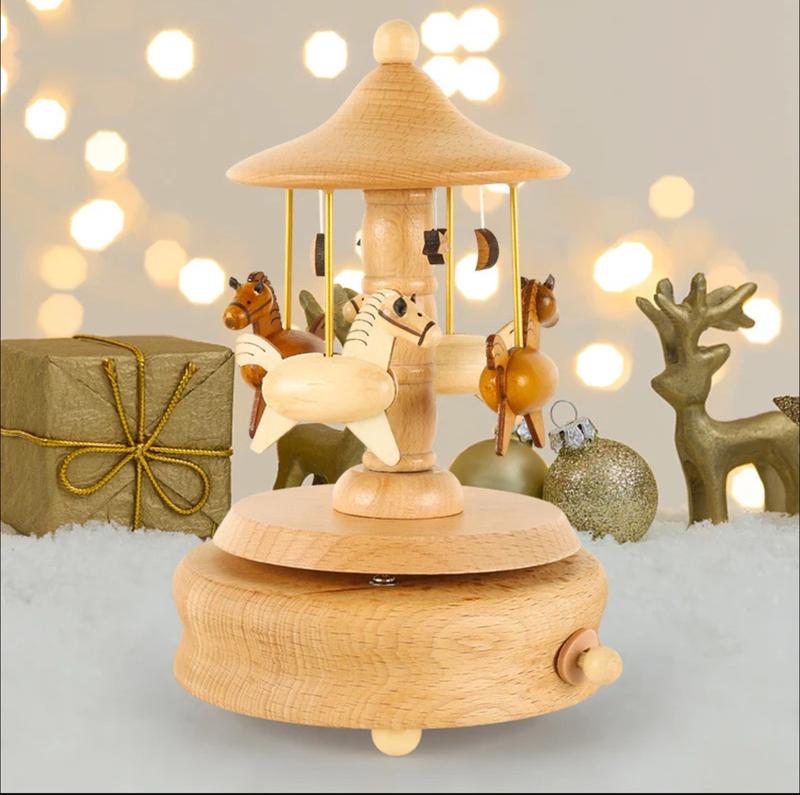 Carousel Music Box Wooden Merry-Go-Round Horse Musical Box Turn Horse Shaped Wood Crafts Birthday Christmas Gifts Home Decor