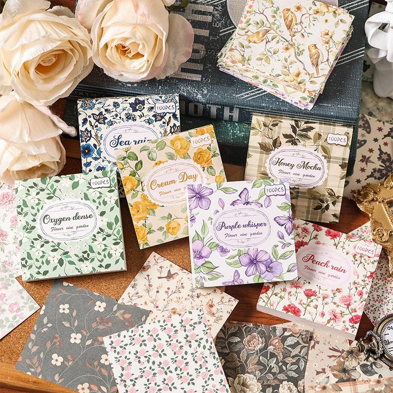 Vintage Flower Pattern Material Paper (100pcs pack), Scrapbooking & Journal Making Paper, DIY Decorative Paper for Scrapbooking & Journal Making