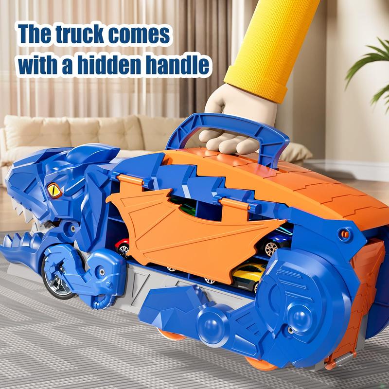 Christmas Gift Transformed Dinosaur Truck Toy With 10 Diecast Racing Cars, Dino Transport Car With Wings And Handle , Birthday Gift For