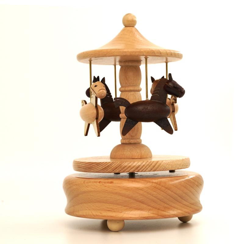 Carousel Music Box Wooden Merry-Go-Round Horse Musical Box Turn Horse Shaped Wood Crafts Birthday Christmas Gifts Home Decor