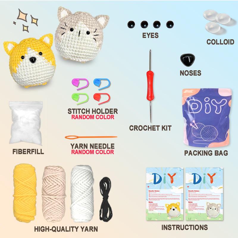 Cute Cat & Dog Design Crochet Kit, 2 Counts set DIY Crochet Starter Kit with Random Color Accessories, DIY Knitting Supplies for Beginners