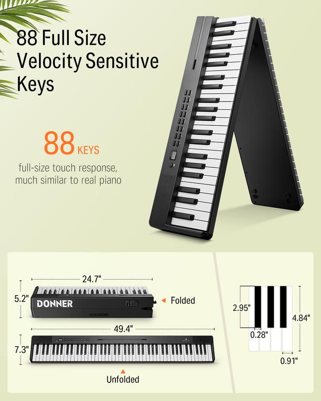 Donner DP-10 Foldable Digital Piano for Beginner, 88 Key Full Size Keyboard, Bundle with Pedal, Piano Bag