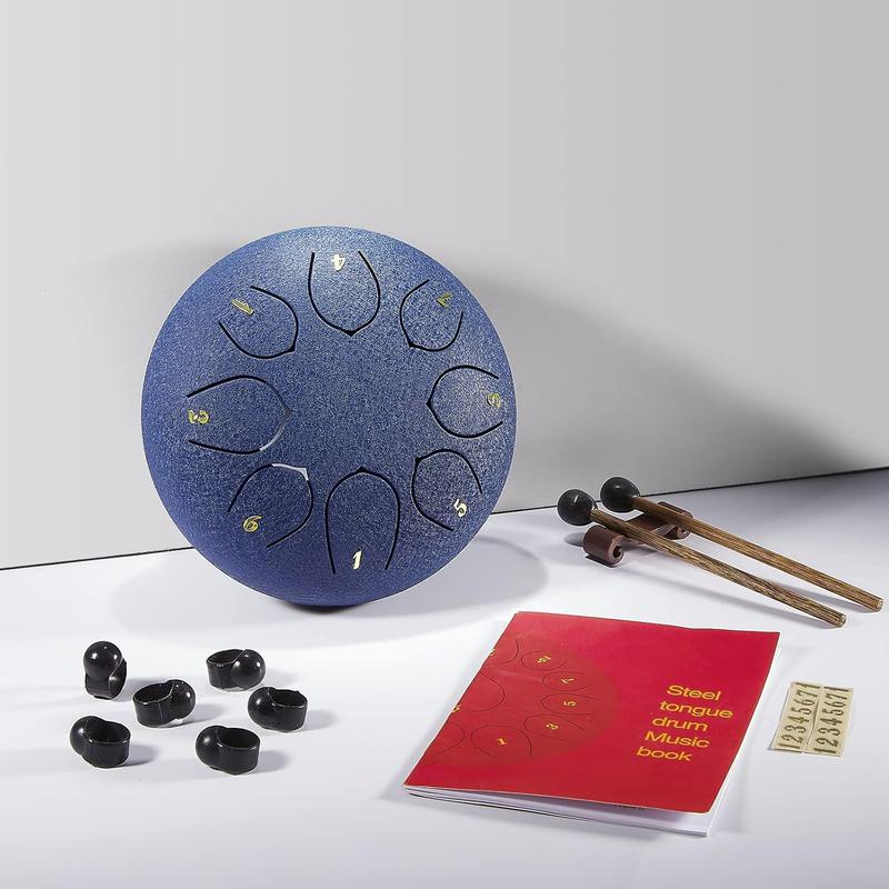 Steel Tongue Drum, 6 Inch 8 Note Rain Chime Drum with Bag, Music Book, Drumsticks, Mallet Holder and Finger Paddles, for Camping, Meditation or Yoga .(Navy Blue)