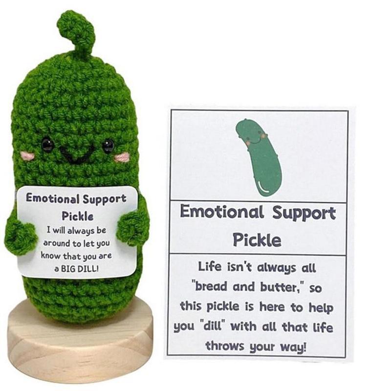 Handmade Emotional Support Pickles,Cucumber Crochet Doll Inspirational Valentine's Day Gift with Wooden Base for Table Decor Handmade Emotional Support Pickles, Crochet Pickle Ornament for Office Table