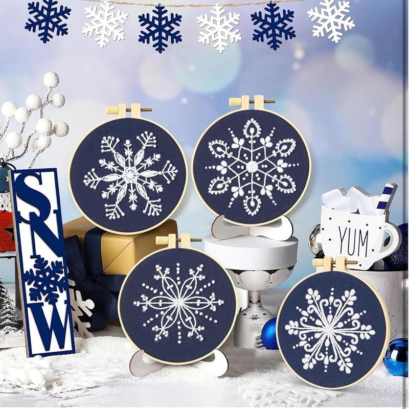 Winter Christmas Embroidery Kit for Beginners - 6 Sets Snowflakes Cross DIY Needlepoint Kit with Instructions and Supplies