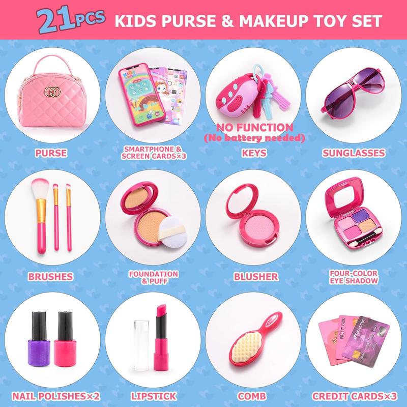 Christmas Gift Purse for Little Girls, Pretend Play Makeup Kits for Girl Toys Kids Purse with Accessories, Pink Princess Toys, new year, birthday gift