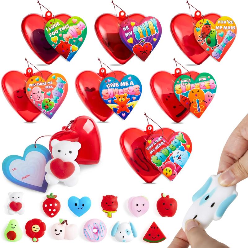 28Pcs Hearts Filled Mochi squishy toy Toys with Kids Valentines Cards for Classroom Exchange