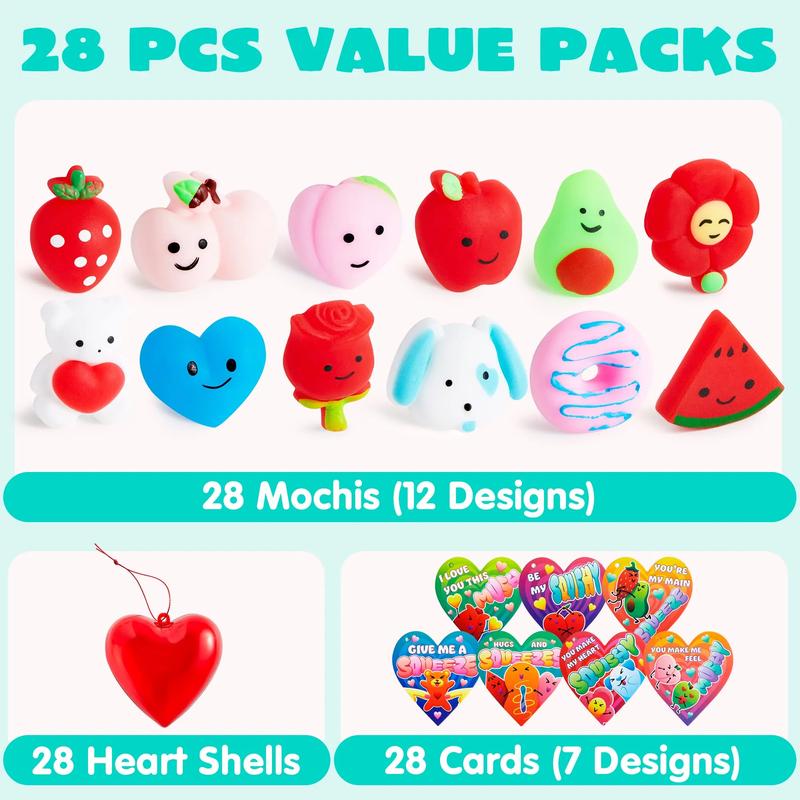 28Pcs Hearts Filled Mochi squishy toy Toys with Kids Valentines Cards for Classroom Exchange