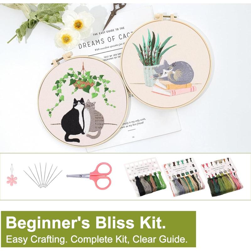 3 Pack Embroidery Kit for Beginners with Pattern, Cross Stitch Kits for Adults with Instructions,Needlepoint Kits for Adults Include 1 Embroidery Hoops,Color Threads and Needles(Cat)