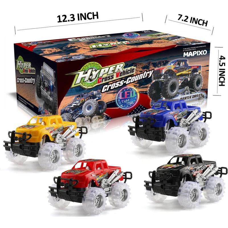 MAPIXO 4 Pack 4 Colors Monster Truck Set with Light Up Flashing LED Wheels, Best Gift for Boy and Girl Age 3+ Years Old. Push n Go Car, Monster Car Toy for Kids Child Toddler Birthday Party Favors