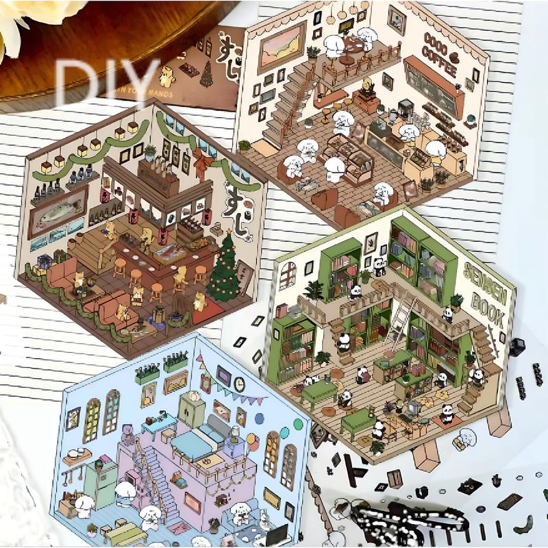 4PCS Fun DIY Stickers Scene Make Your Own Supermarket, DIY 3D House Stickers, Cute 3D Korean Cartoon Scene Stickers for Adult Relief Stress Pass The Time