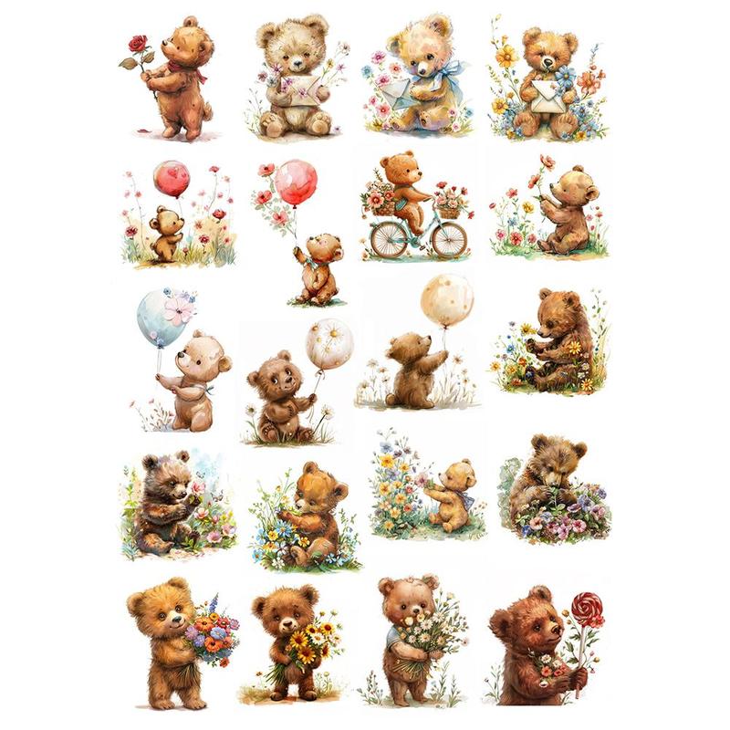 Bear & Flower Pattern Sticker (20pcs set), Cute Cartoon Bear Sticker, DIY Decorative Sticker for Scrapbook & Journal & Gift Wrapping & Greeting Card