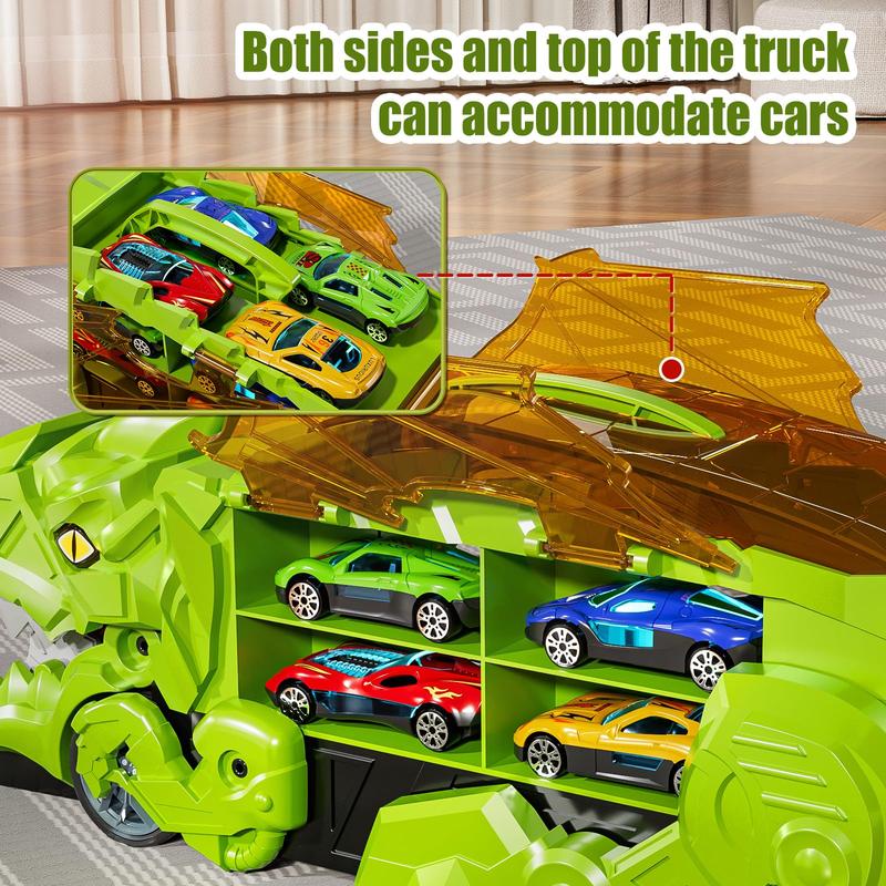 Christmas Gift Transformed Dinosaur Truck Toy With 10 Diecast Racing Cars, Dino Transport Car With Wings And Handle , Birthday Gift For