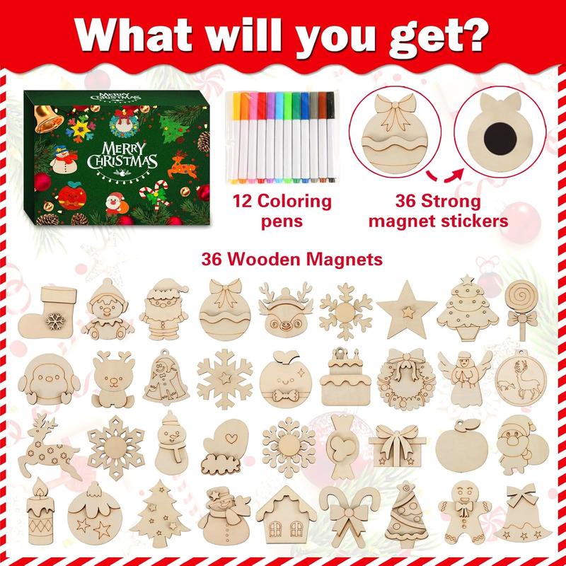 Christmas Crafts for Kids, 36pcs DIY Wooden Magnets Art Craft Supplies Painting Kit for Boys Girls Ages 4-8 8-12 Xmas Stocking Stuffers Toys Party Favors Gifts Goodie Bag Fillers Holiday Decor