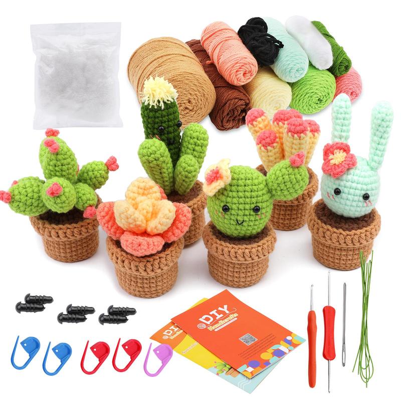 Succulent Potted Plant Crochet Kit, 6 Counts Cute Crochet Starter Kit with Tools & Video Instruction, DIY Handmade Knitting Supplies,  Christmas Gift