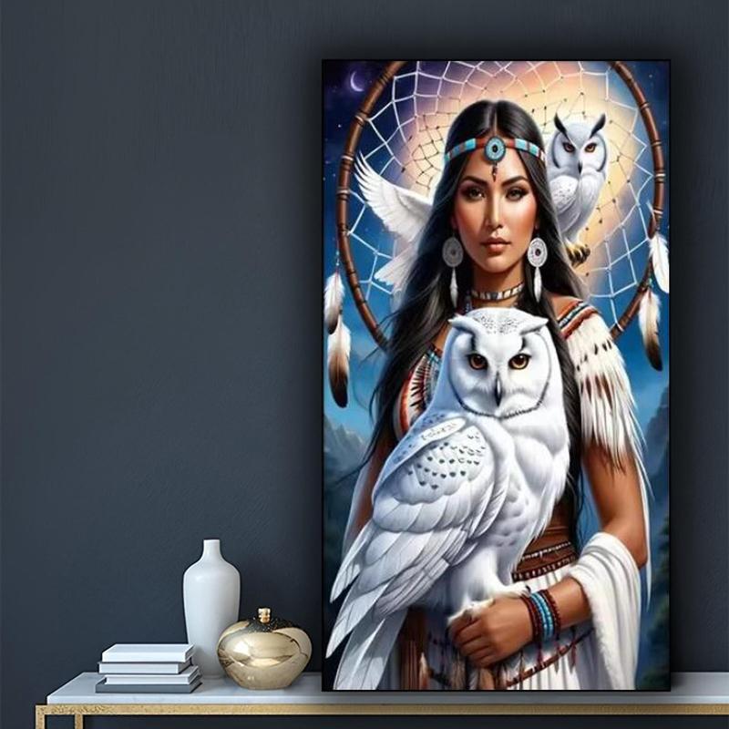 Indians with Owl Pattern DIY Diamond Arts Colorful Painting Kit without Frame, DIY 5D Diamond Art Painting Kit, Wall Art Decor for Home Living Room Bedroom