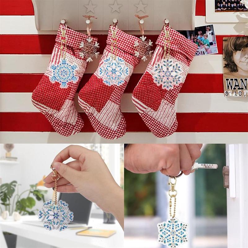 Christmas DIY Diamond Arts Colorful Painting Kit, 12pcs set Snowflake Series Acrylic Keychain, DIY Decorative Kit for Bag, Car, Phone, Computer, Bag Decoration