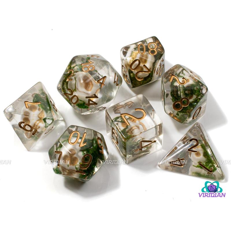 Cursed Crew | Skulls, Bones, Green-Black Moss, Clear-Transparent | Resin Dice Set (7)