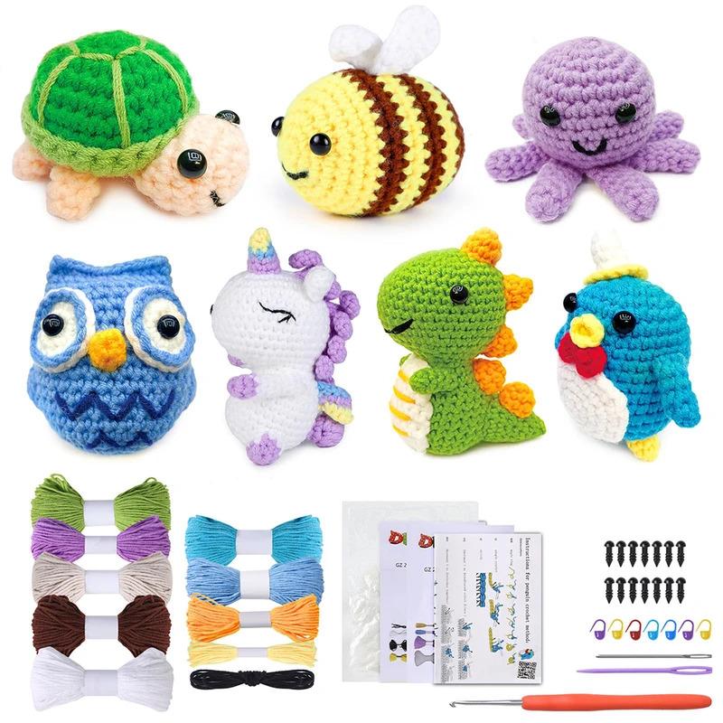 Animal DIY Crochet Kit With Hand Knitting Yarn Needles Plush Doll Easy for Starter Includes Enough Yarn Hook Accessories