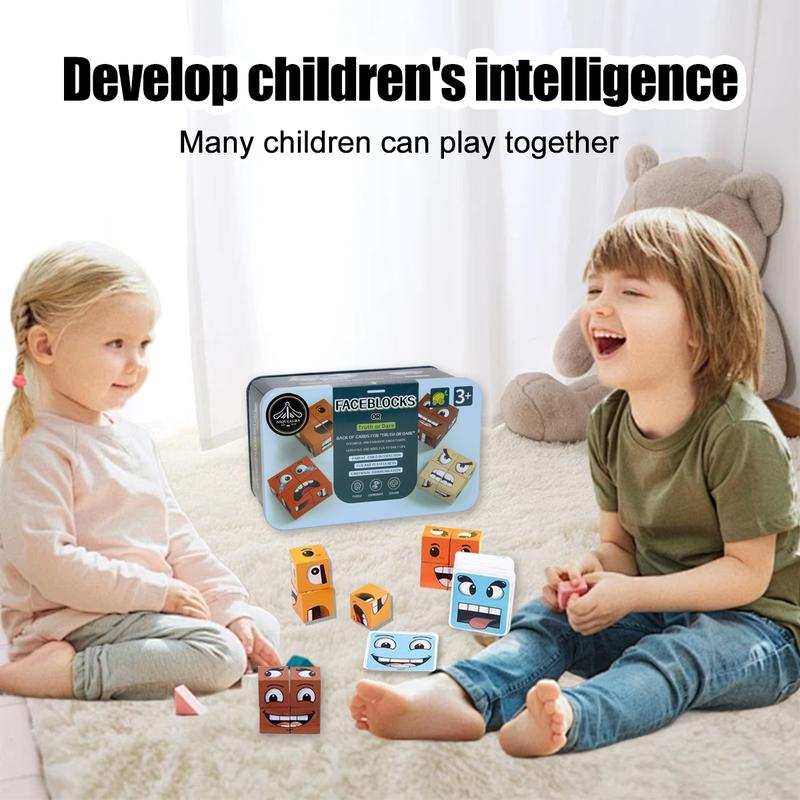 [Fast Delivery] NiqueAura Game Center Wooden Face Changing Game Cube Volume Wooden Expression Puzzle Toy Montessori Educational Children Party Game