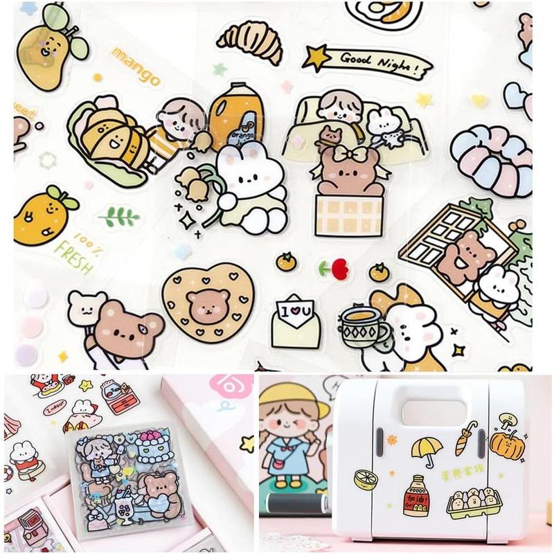 Stickers Set (100 Sheets) - Cute PET Transparent Cartoon Animal Flower Decorative Scrapbook Sticker for Bullet Journaling,DIY Arts Crafts,Album,Planners,Junk Journal,Calendars and Notebook