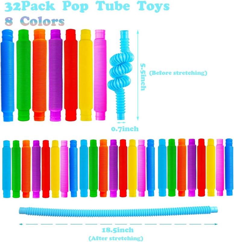 32Pack Pop Tubes, Fidget Tubes for Children and Adult Sensory Fidget Toy Set for Stress and Anxiety Relief Educational Learning Toys for Kids