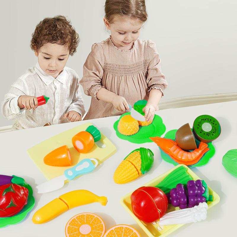 70 PCS Cutting Play Food Toy for Kids Play Kitchen, Pretend Kitchen Fruit and Vegetables with Mini Knifes and Plates