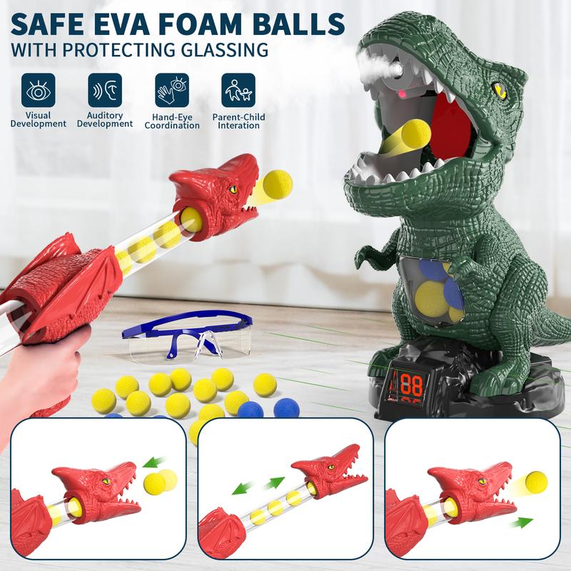 Dinosaur Shooting Toys, Movable Target Shooting Game Dinosaur with 2 Air Pump Blaster and 48 Foam Ball, Score Record, LED & Sound