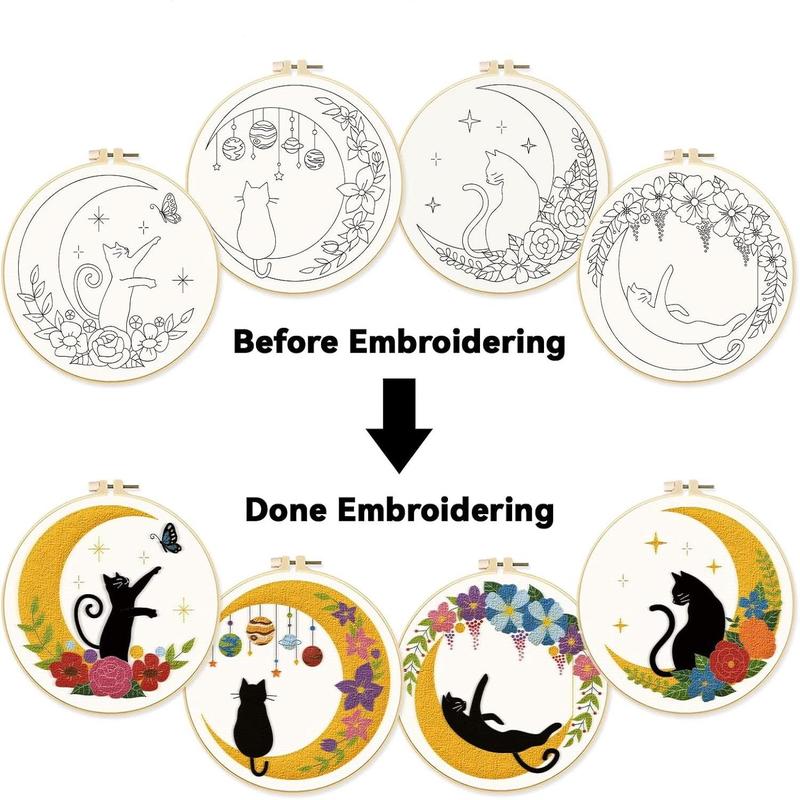 Cat & Moon & Floral Pattern Embroidery Set, 4 Counts set DIY Embroidery Kit, Including Manual, Embroidery Hoop, Embroidery Cloth, Embroidery Needle and Others, Embroidery Supplies for Beginners