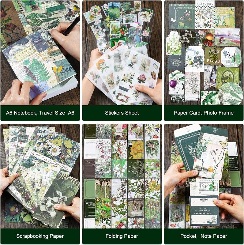 Scrapbooking Supplies Kit, Vintage Aesthetic Scrapbook Kit, Junk Journal Supplies with Scrapbooking Paper A6 Grid Notebook, Journaling Supplies, Birthday Craft Gift for Adult Teen Girl , Botanical