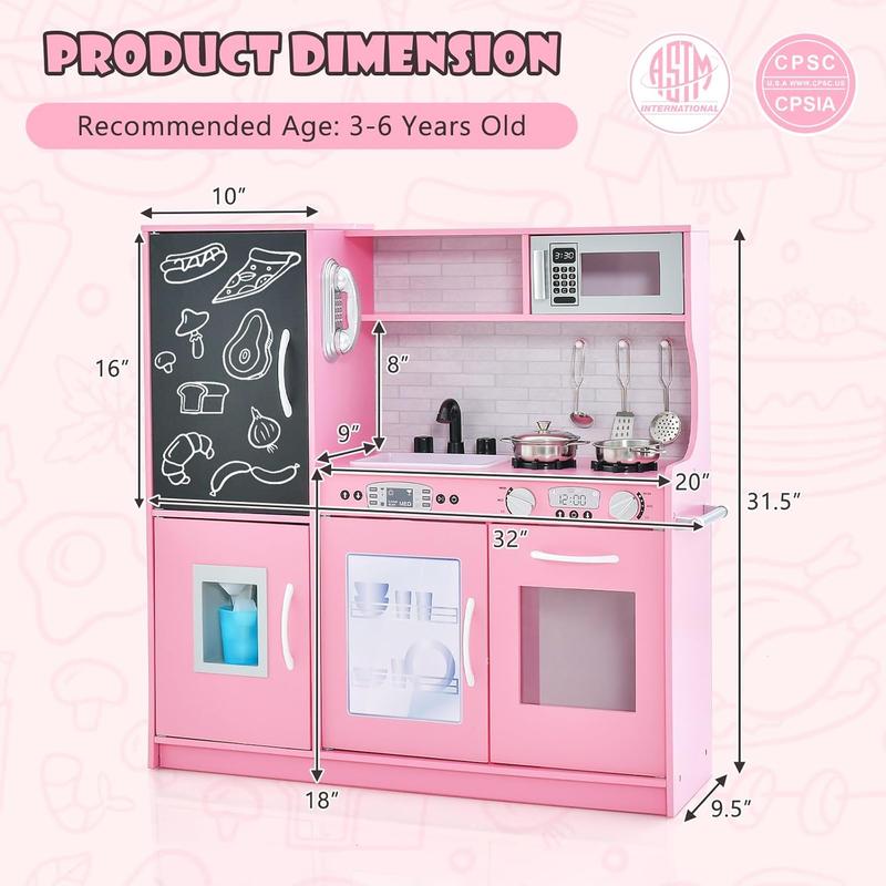 [ShopTab] Black Friday Pretend Kids Kitchen Playset, Wooden Kitchen Toy Set w Blackboard, Telephone, Microwave, Ice Maker, Dishwasher & Oven, Pretend Play Kitchen