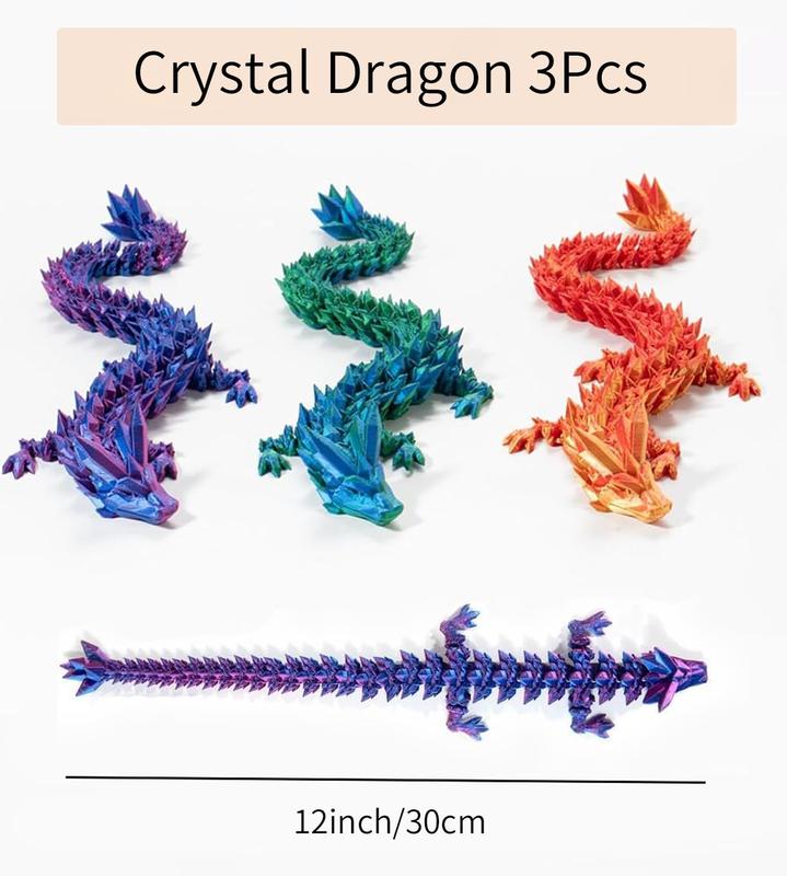 3D Printed Crystal Dragon 12In 3Pcs, 3D Printed Flexible Articulated Dragon,Fidget Toys(Purple+Green+Red)