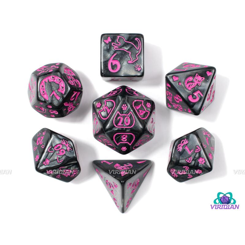 Punk Rock Kitty | Pearled Black, Pink Ink, Cat Themed | Acrylic Dice Set (7)