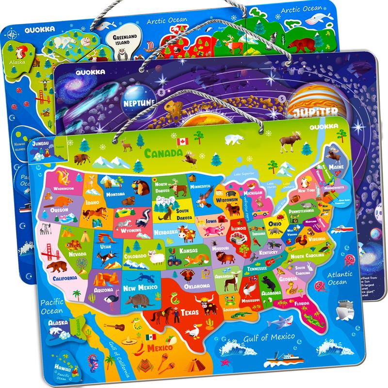 QUOKKA Magnetic 3 Set 24 Piece Puzzles for Kids | World Map, USA, Space