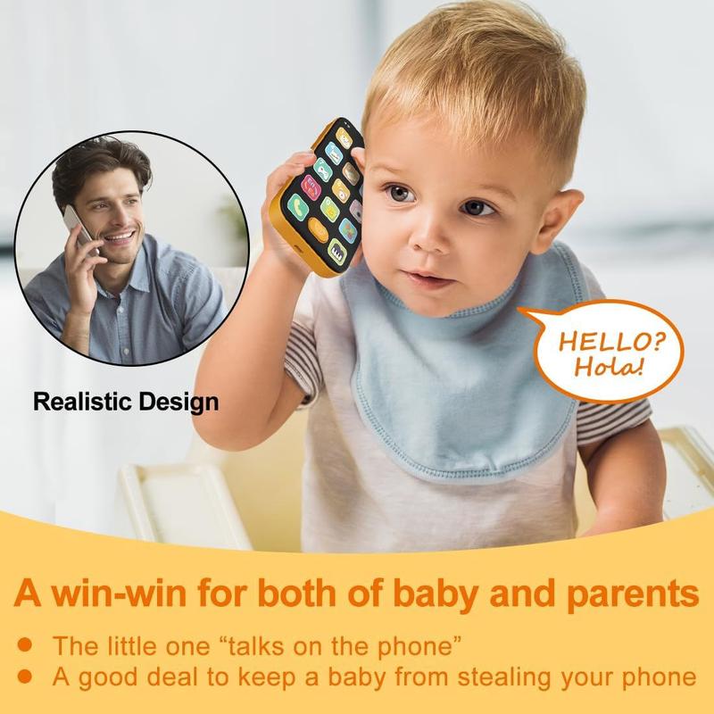 Bilingual Toy Phone Baby Phone with Sounds and Light, English Spanish, Fun Early Learning s Smart Phone Baby Toys for 6-12 Months, Gift for 1 Year Old Boys Girls Toddler Infant, Orange