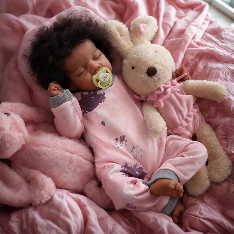 Lifelike Reborn Baby Dolls Black -17Inch Baby-Soft Body & Curls Realistic-Newborn Baby Dolls African American Real Life Baby Dolls Cloth Body with Feeding Kit & Gift Box for Kids Age 3+