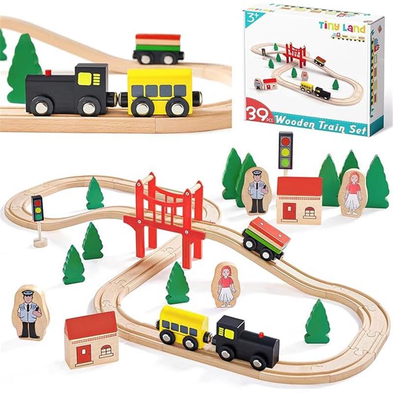 Wooden Train Set for Toddlers 39 Pcs with Tracks, Compatible with Thomas, Brio, Chuggington, Melissa Doug Expandable Train Toy for Boys Girls Ages 3-5