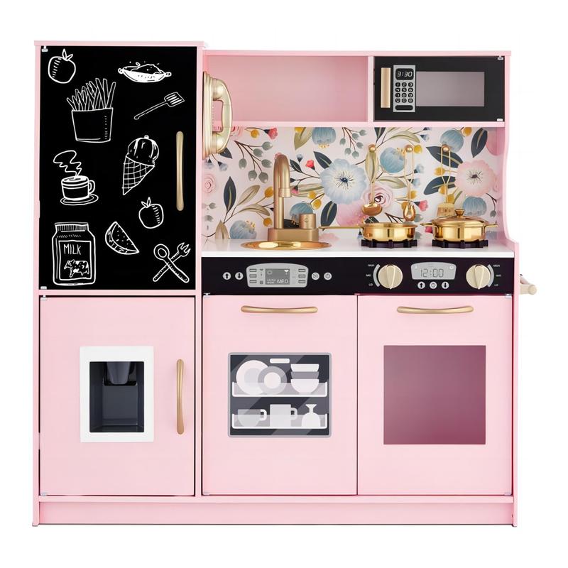 [ShopTab] Black Friday Pretend Kids Kitchen Playset, Wooden Kitchen Toy Set w Blackboard, Telephone, Microwave, Ice Maker, Dishwasher & Oven, Pretend Play Kitchen