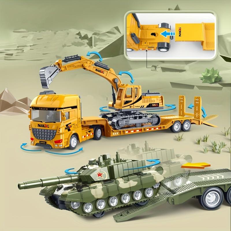 2 Large Inertia Toy Trucks Set - Manual Push Power, Excavator, Military Tank, Educational Engineering Playset with Transport Trailers for Kids Aged 3-6 Years, Develops Fine Motor Skills, Encourages Imaginative Play and Learning