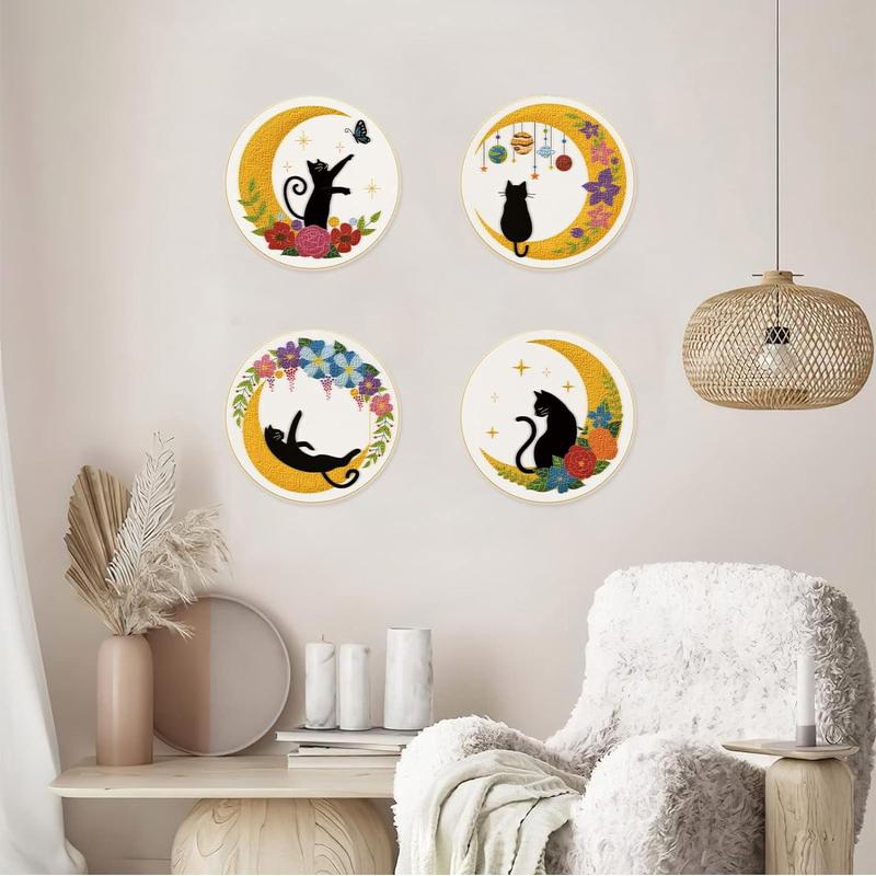 Cat & Moon & Floral Pattern Embroidery Set, 4 Counts set DIY Embroidery Kit, Including Manual, Embroidery Hoop, Embroidery Cloth, Embroidery Needle and Others, Embroidery Supplies for Beginners