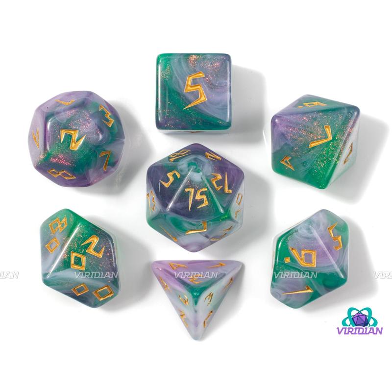 Fairy Runes | Light Purple, White and Green Swirls, Glitter, Runic Font | Acrylic Dice Set (7)