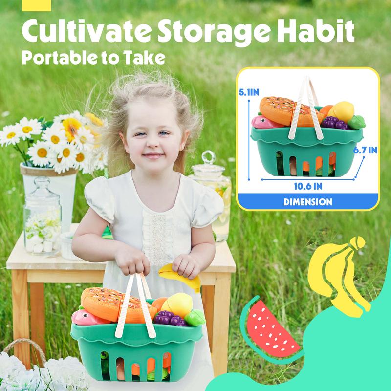 BELLOCHIDDO Play Food - 70PCS Pretend Plastic Fruits & Vegetables & Kitchen Accessories with Basket, Cutting Food Toys- Toy Food Educational Gifts ,Building block toys, play house toys, educational toys，for age 4+