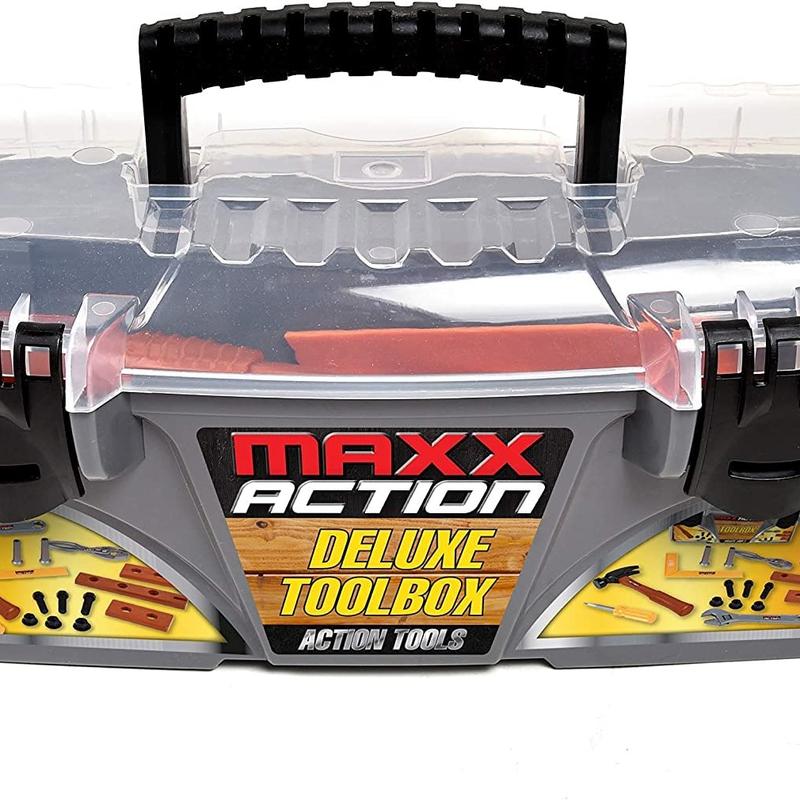 Maxx Action 18 Piece Deluxe Tool Box – Construction Playset with Tape Measure and More Tools | Pretend Play Toy Set for Kids