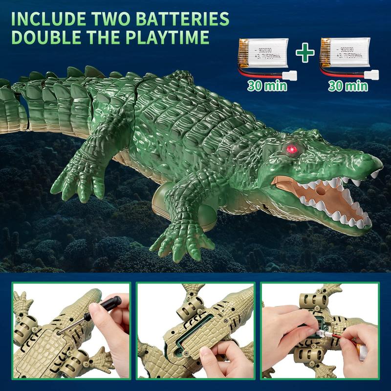 Remote Control Crocodile, High Simulation Scale Prank Alligator with Glowing Eyes,for Pool Bathroom RC Boat for  Birthday Halloween Christmas Toys