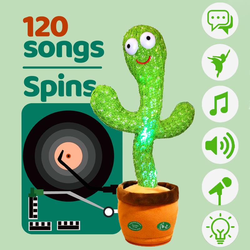 Pbooo Dancing Cactus Mimicking Toy,Talking Repeat Singing Sunny Cactus Toy 120 Pcs Songs for boys and girls gift 15S Record Your Sound Sing+Dancing+Recording+LED Christmas gift toys