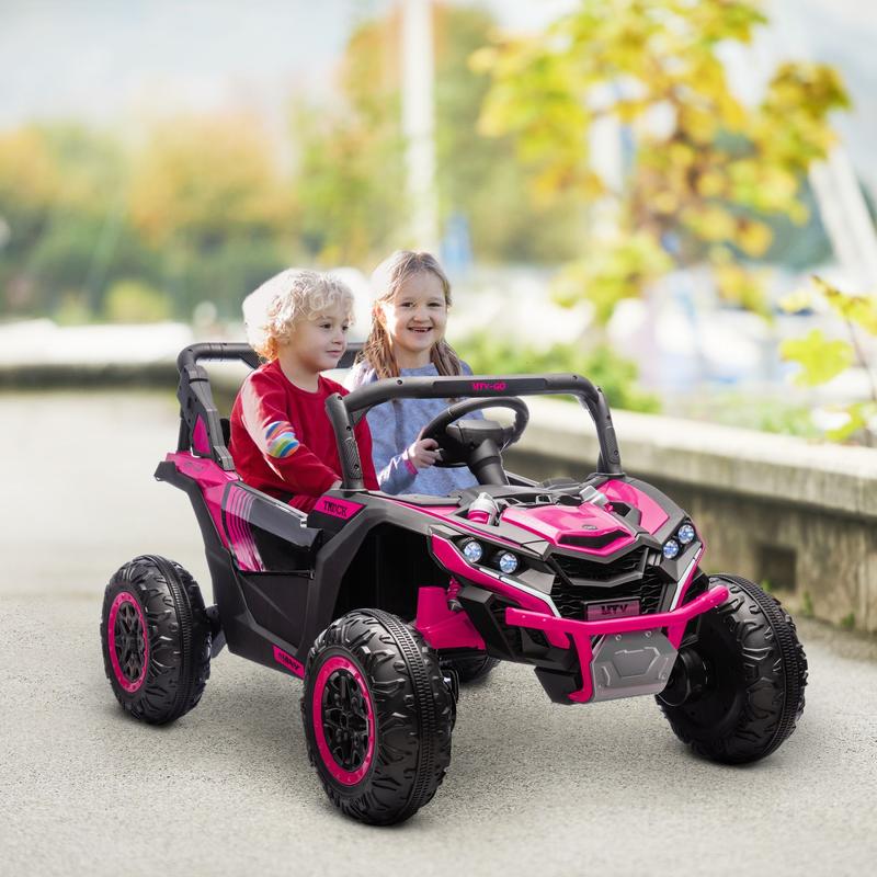 24V 7AH Ride on UTV, 2 Seater 4MPH Kids Electric Car Ride on Battery Powered Toy with 4 Shock Absorbers, Music Horn and LED Lights, for Toddlers 3-8 Years, Pink