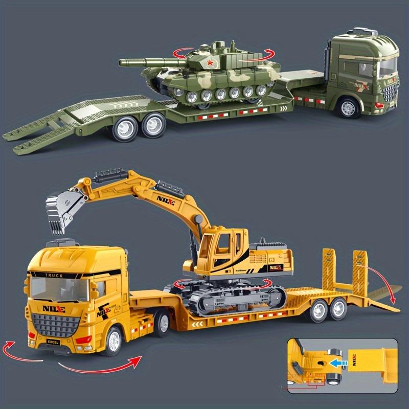 2 Large Inertia Toy Trucks Set - Manual Push Power, Excavator, Military Tank, Educational Engineering Playset with Transport Trailers for Kids Aged 3-6 Years, Develops Fine Motor Skills, Encourages Imaginative Play and Learning