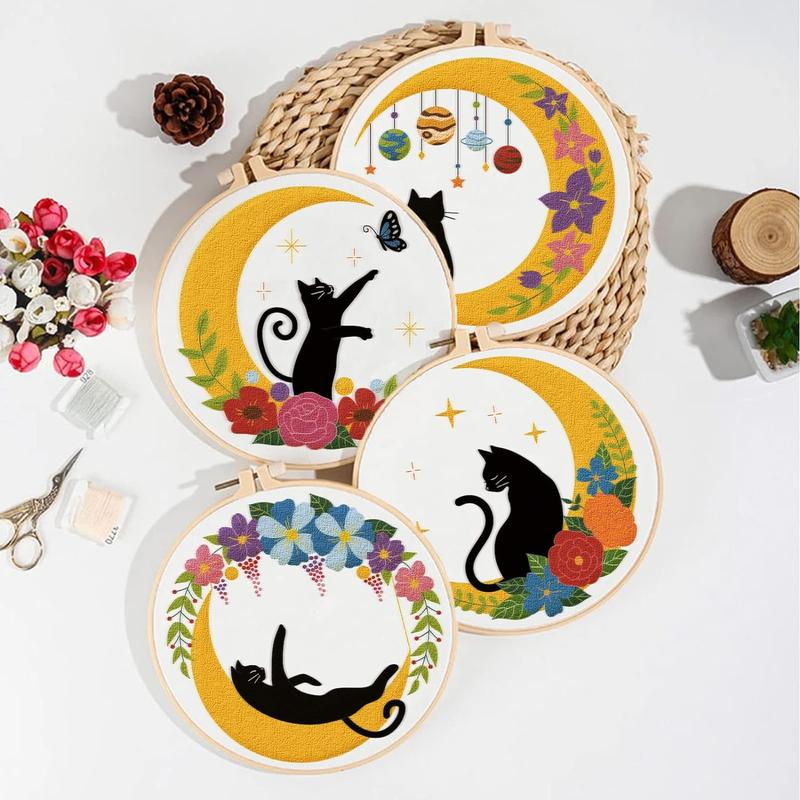 Cat & Moon & Floral Pattern Embroidery Set, 4 Counts set DIY Embroidery Kit, Including Manual, Embroidery Hoop, Embroidery Cloth, Embroidery Needle and Others, Embroidery Supplies for Beginners